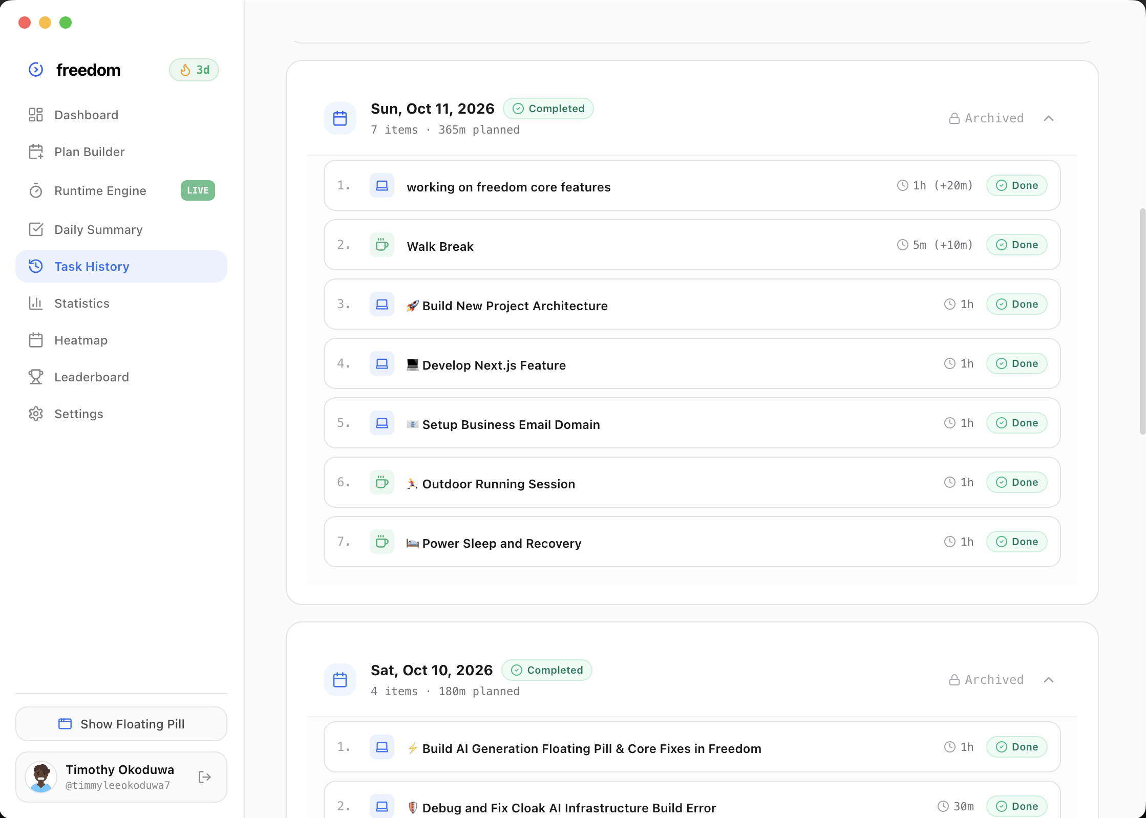 Searchable Task History Timeline in Freedom